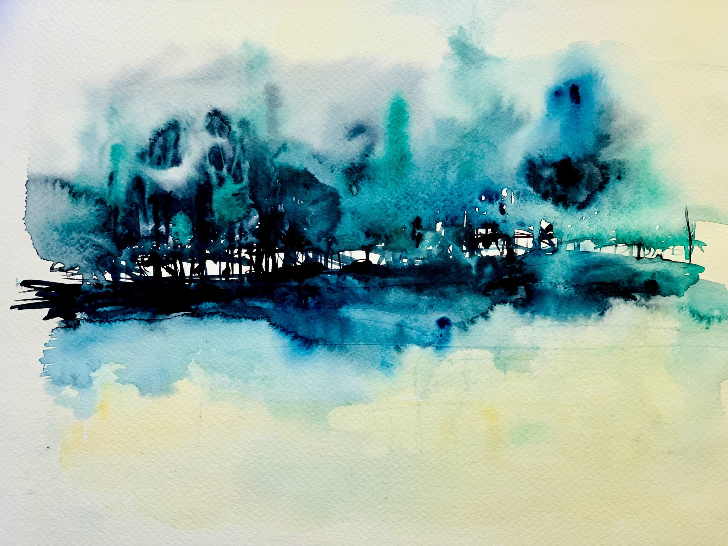 A watercolor painting of a landscape with trees in shades of blue and green, reflecting in water.