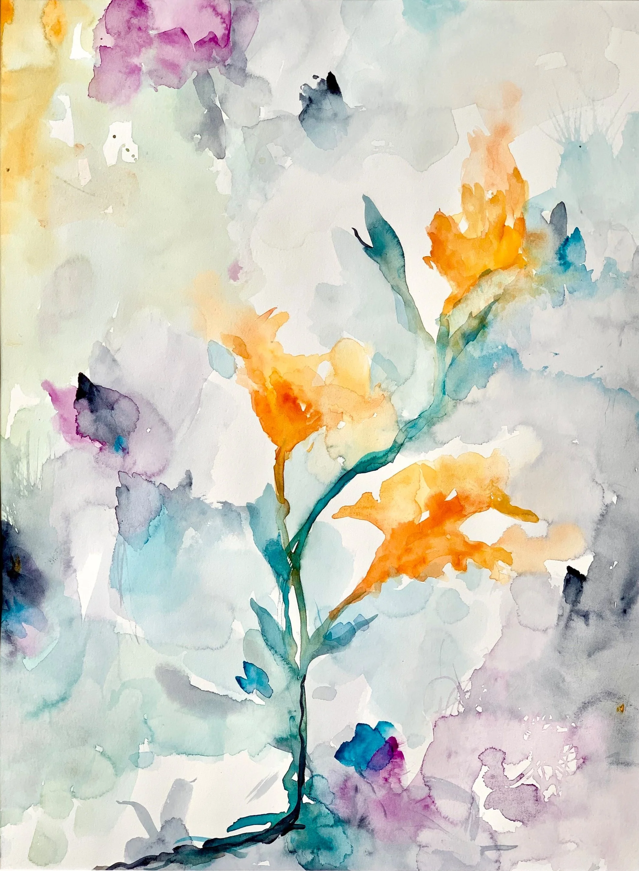 Aquarellbild eines Blumenstraußes mit orange, gelben und blauen Blumen auf hellem Hintergrund.