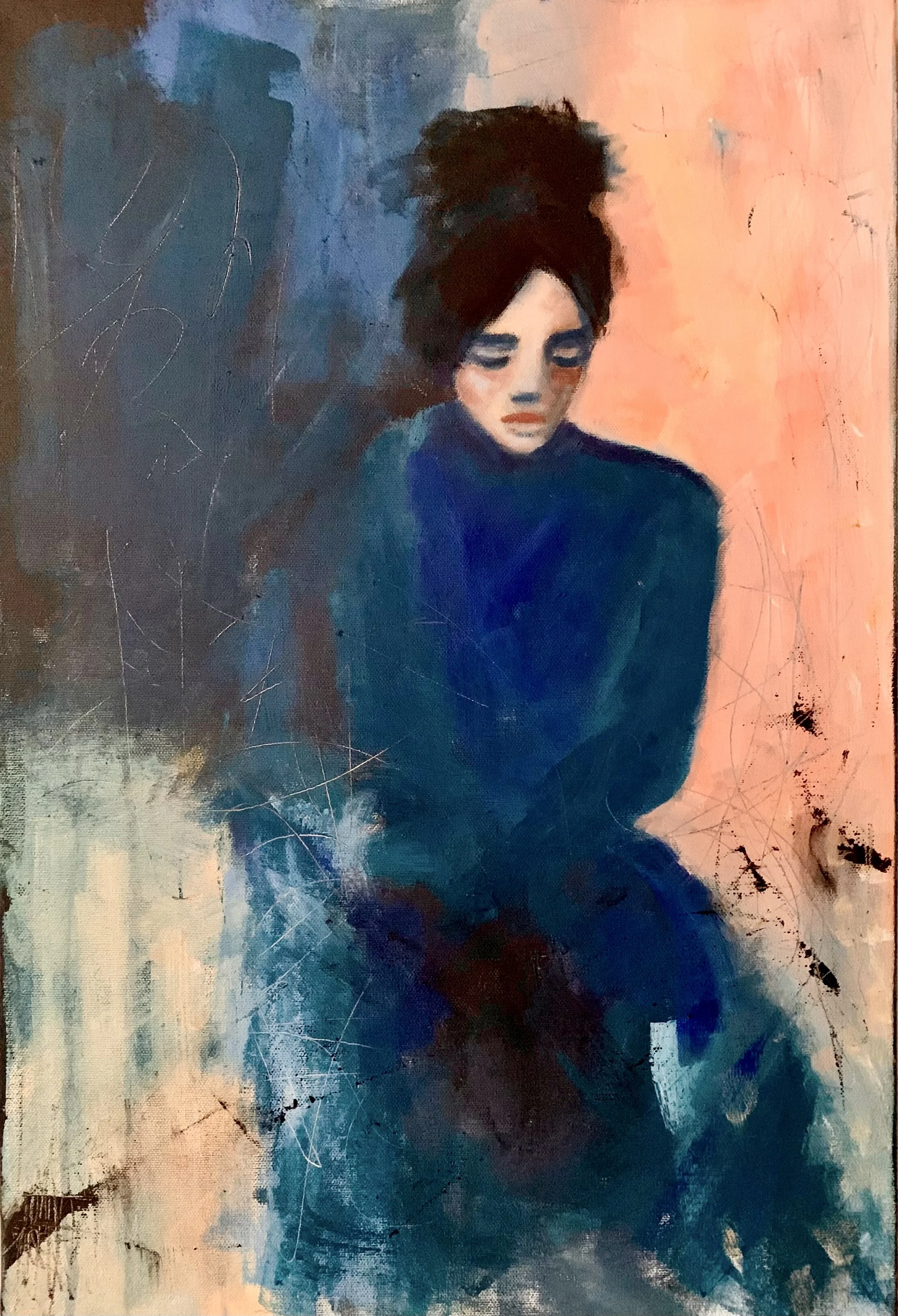Modernes Acrylgemälde einer melancholisch blickenden Frau in dunkelblauen Kleid. Acryl auf Leinwand.