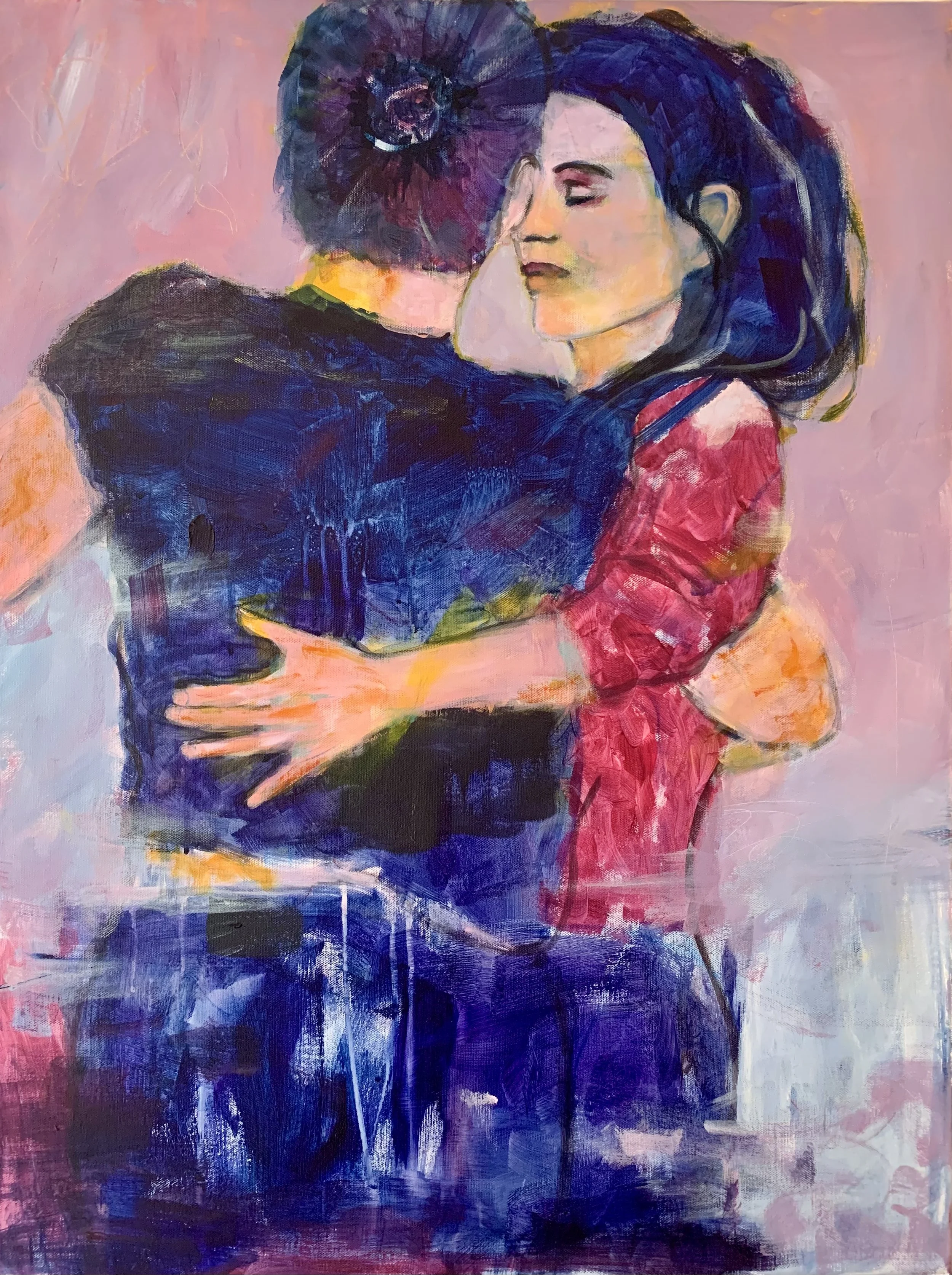 Ein farbenfrohes Gemälde eines Paares beim Umarmen, wobei nur der Rücken einer Person mit dunklen Haaren und die andere Person mit langen dunklen Haaren zu sehen sind.