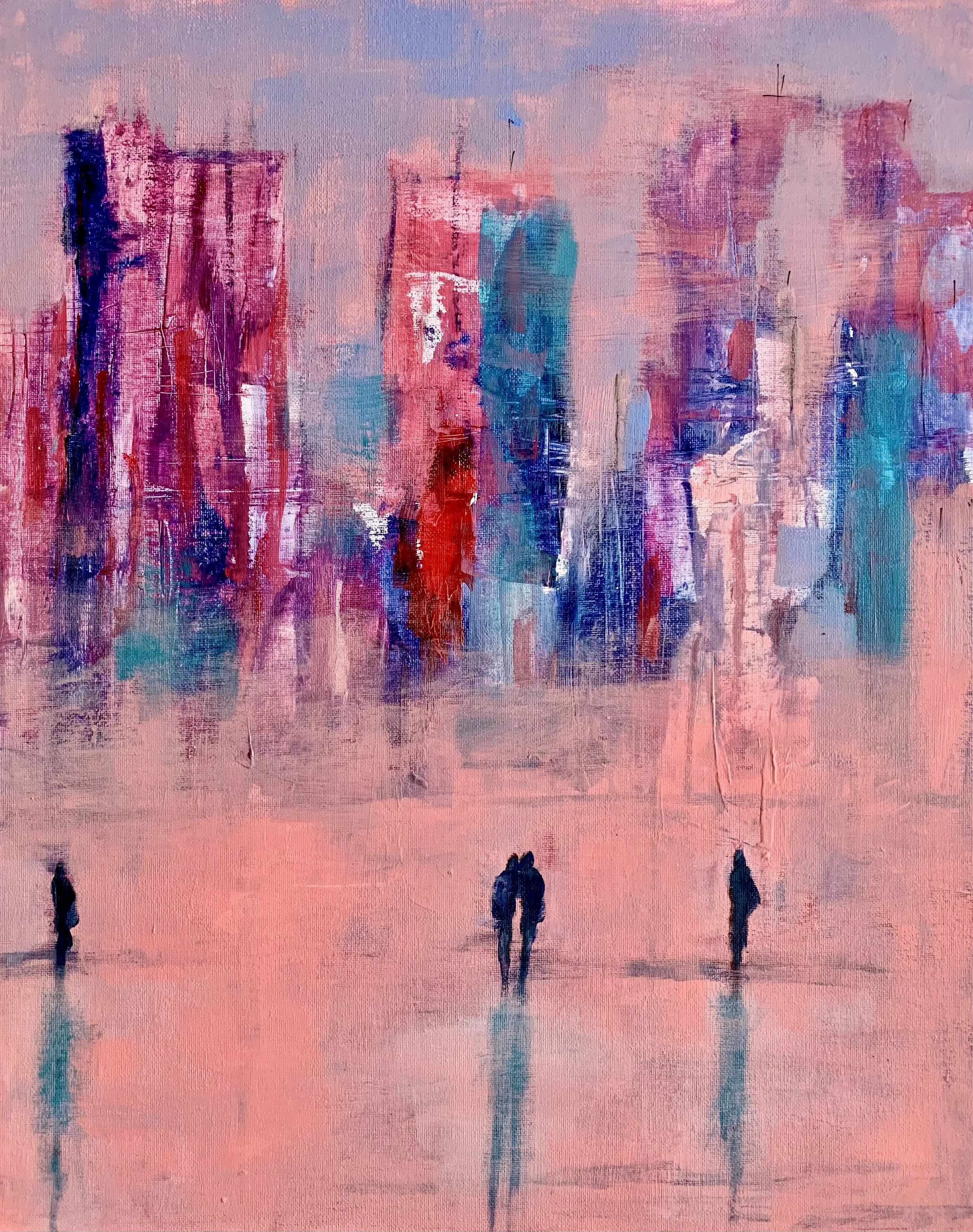 Abstrakte Stadtansicht mit Hochhäusern in Pastellfarben und Fußgängern im Vordergrund.