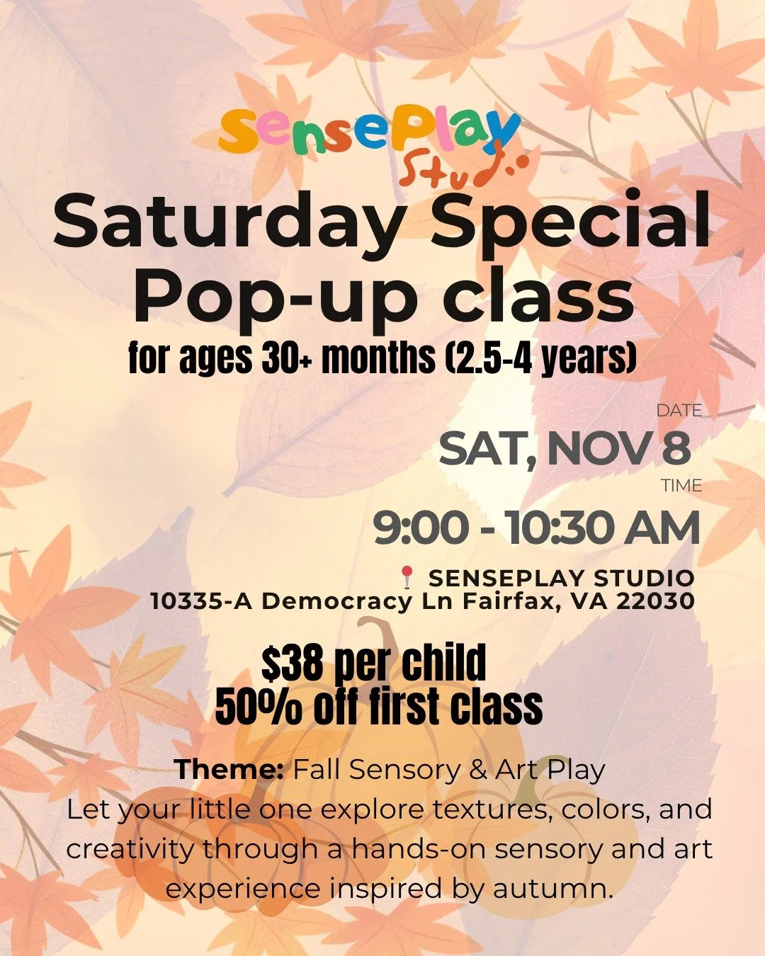 📣 Saturday Pop-Up Class (30+ months!)

Our first Saturday sensory + art play class for big toddlers (30 months and up) is here! 🍂✨
We&rsquo;re bringing out fall textures, paint, tools, and lots of hands-on creating &mdash; perfect for little ones w