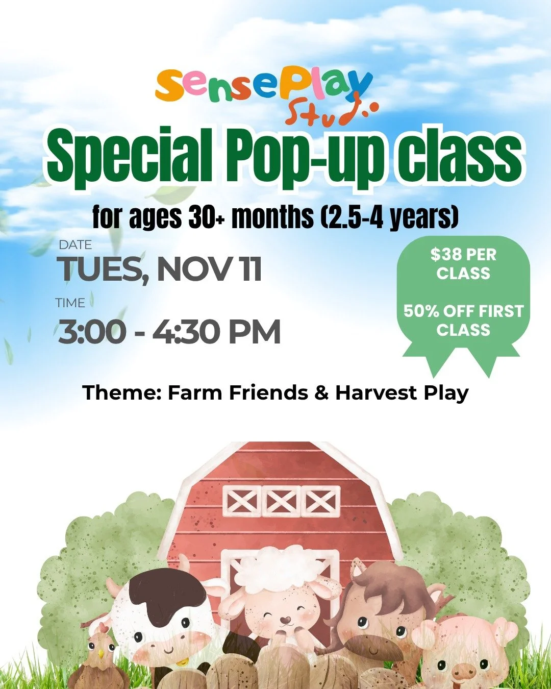 📣 Special Pop-Up Class &mdash; Farm Friends &amp; Harvest!
Join us for a cozy afternoon of sensory + art play inspired by farm animals and the autumn harvest.

Little ones will make farm animal footprints, dig through the &ldquo;fields,&rdquo; uncov