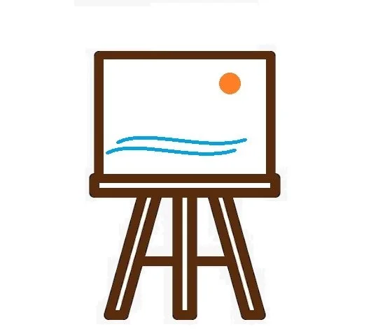 Drawing of an easel with a canvas showing a sun, water, and a blue sky.