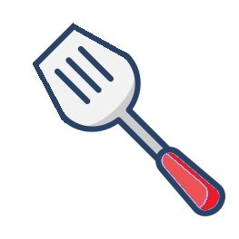 A spatula with a red handle and a metal slotted head