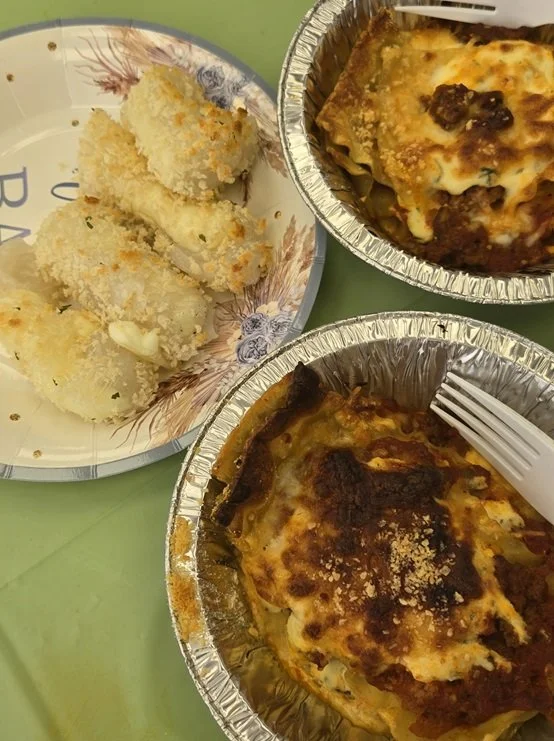 Lasagna and fried mash potatoes made by kids