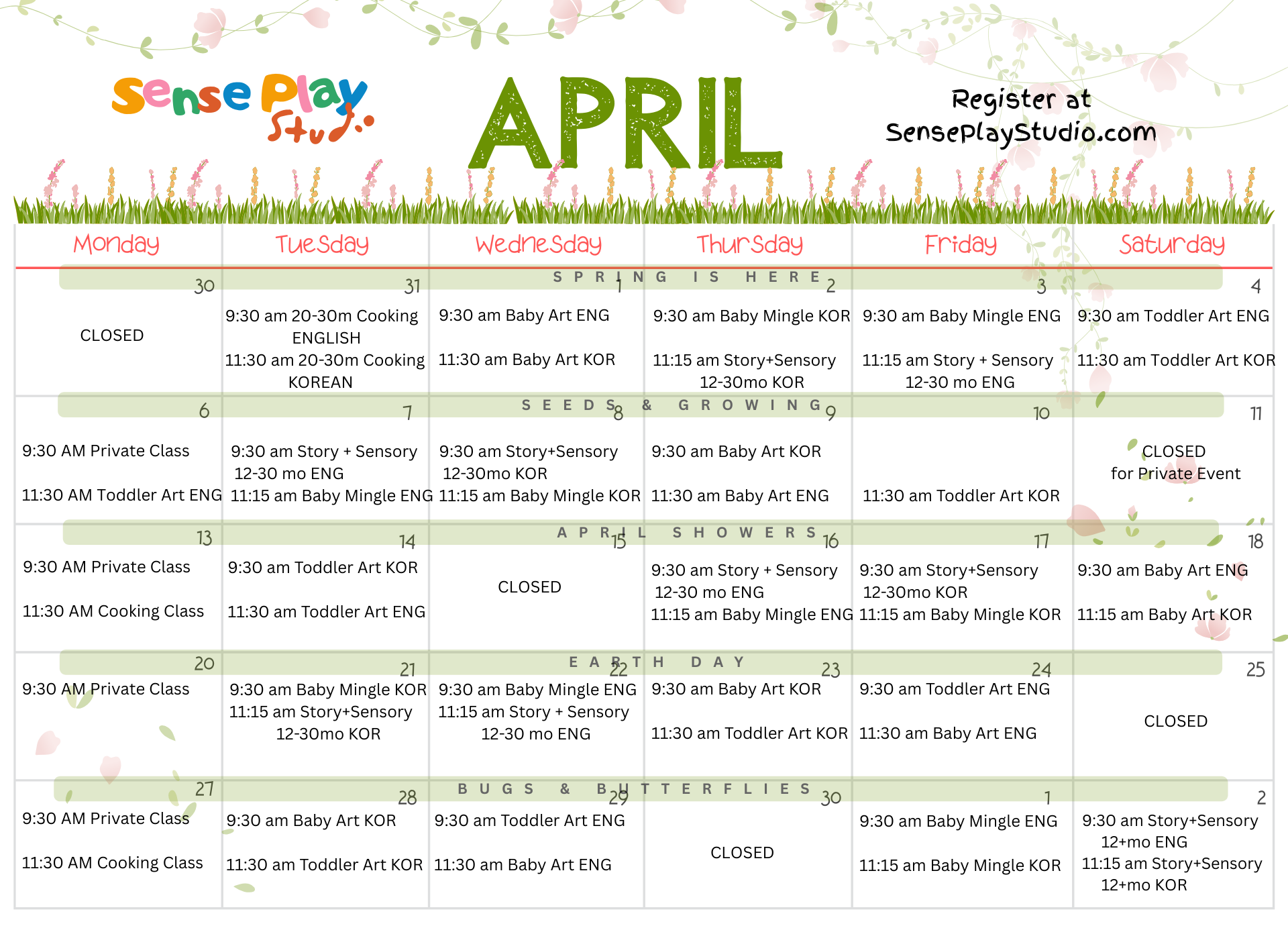 April schedule for Sense Play Studio featuring classes like Baby Art ENG, Toddler Art ENG, Story + Sensory, and Private Classes, with spring-themed decorative borders and registration info.