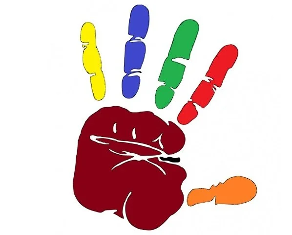 Colorful handprint with each finger painted in yellow, blue, green, red, and orange, representing diversity and creativity.