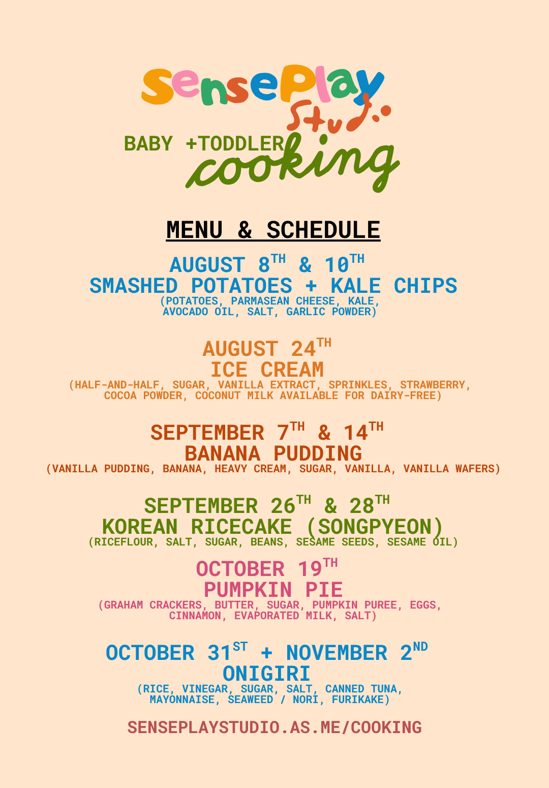 A colorful schedule for a sensory play studio for babies and toddlers, listing dates and activities including cooking classes, ice cream making, banana pudding, Korean rice cake, pumpkin pie, and onigiri, with descriptions of each activity.