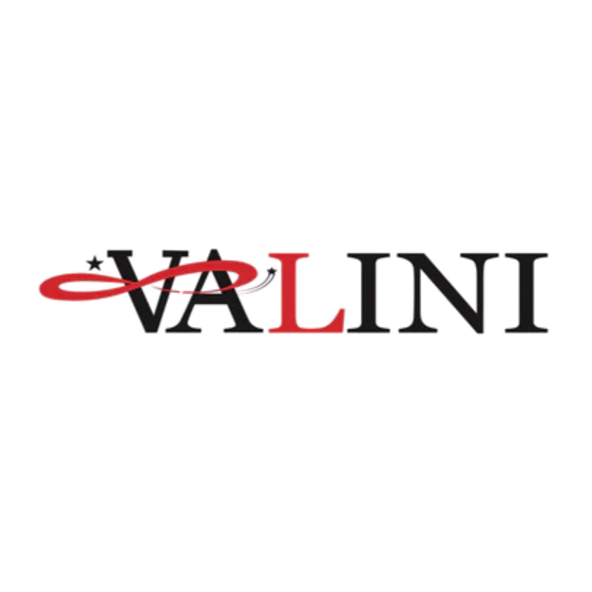 Valini logo in black serif lettering with a red underline accent
