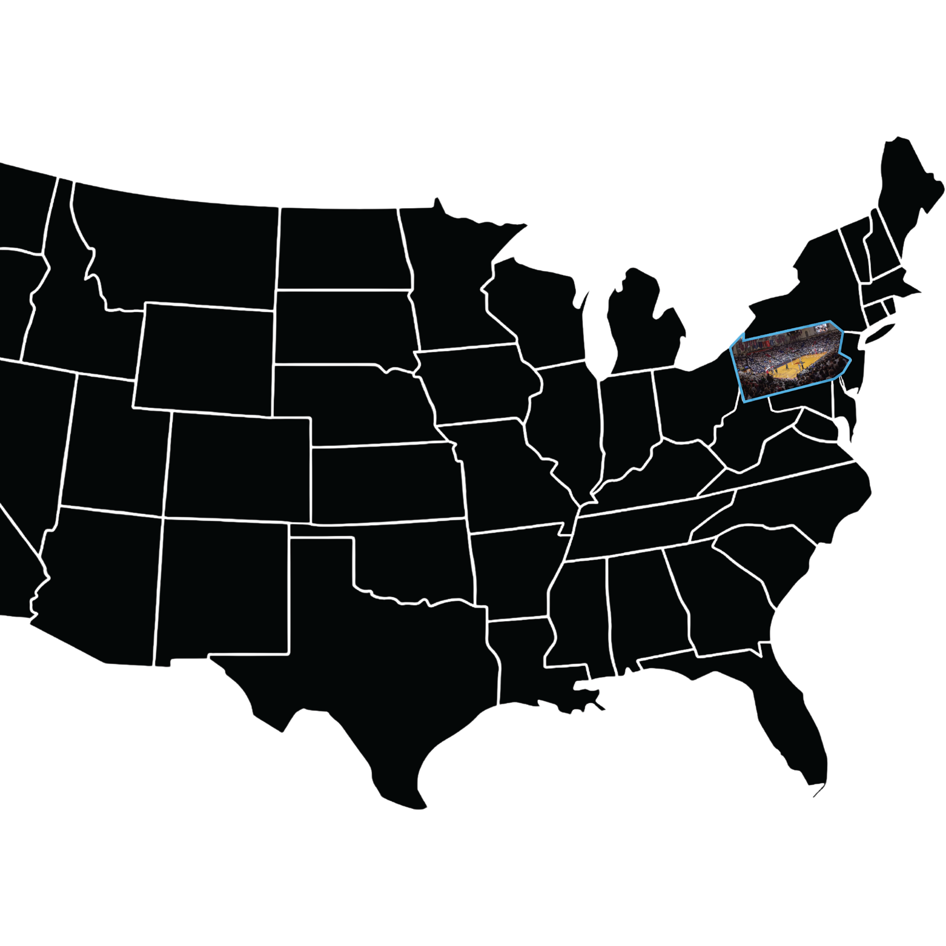 Map of the United States highlighting Philadelphia with an inset image of a basketball arena at The Palestra
