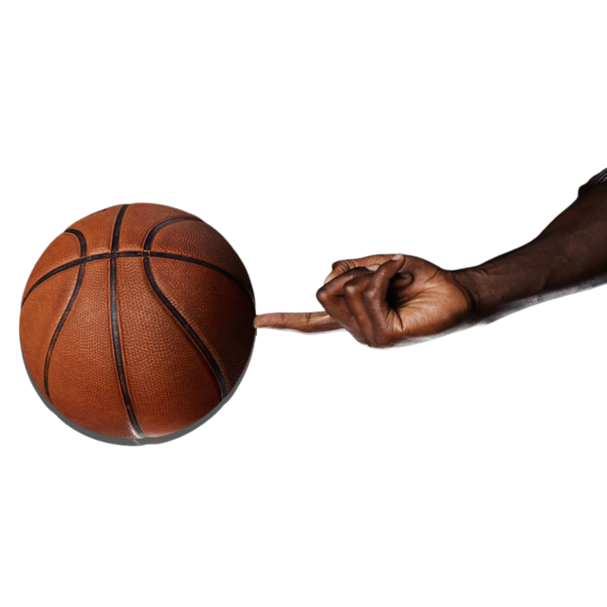 Close up of a hand spinning a basketball on one finger against a white background