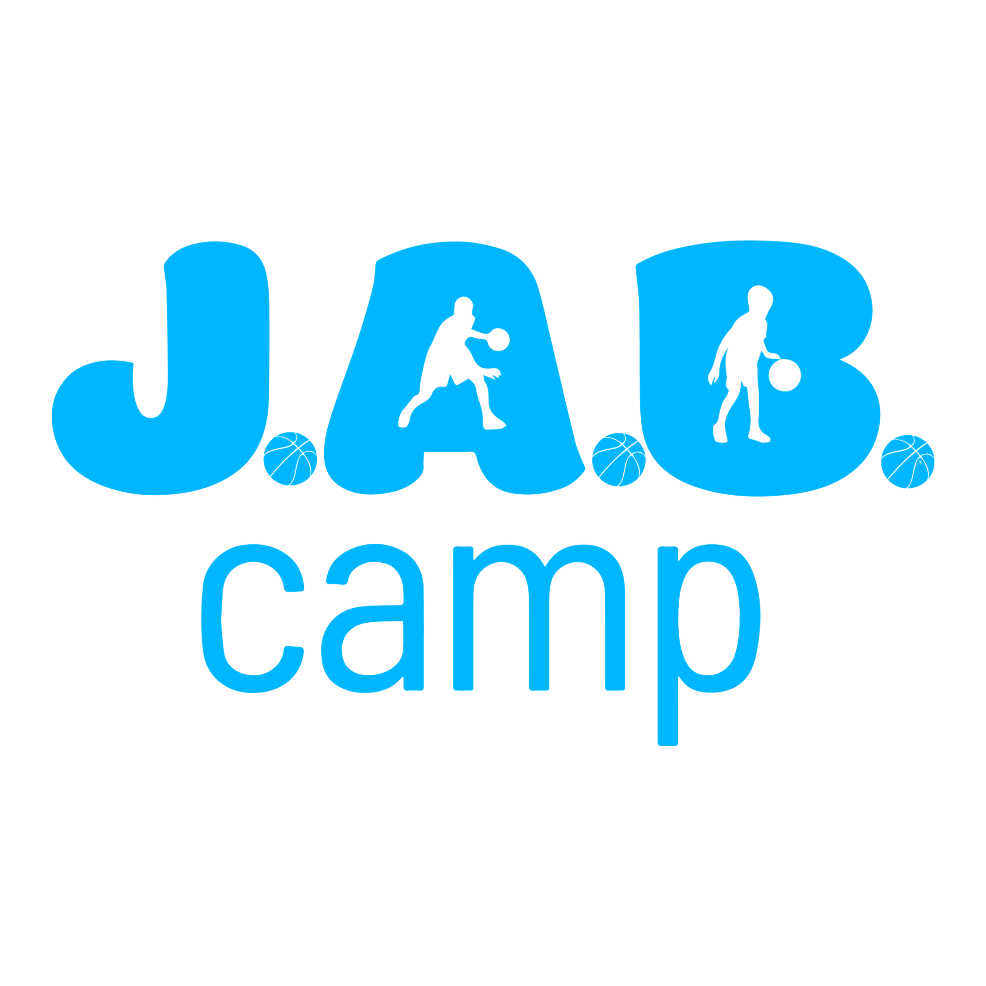 JAB Camp logo in blue bold letters with small basketball player icons inside the text