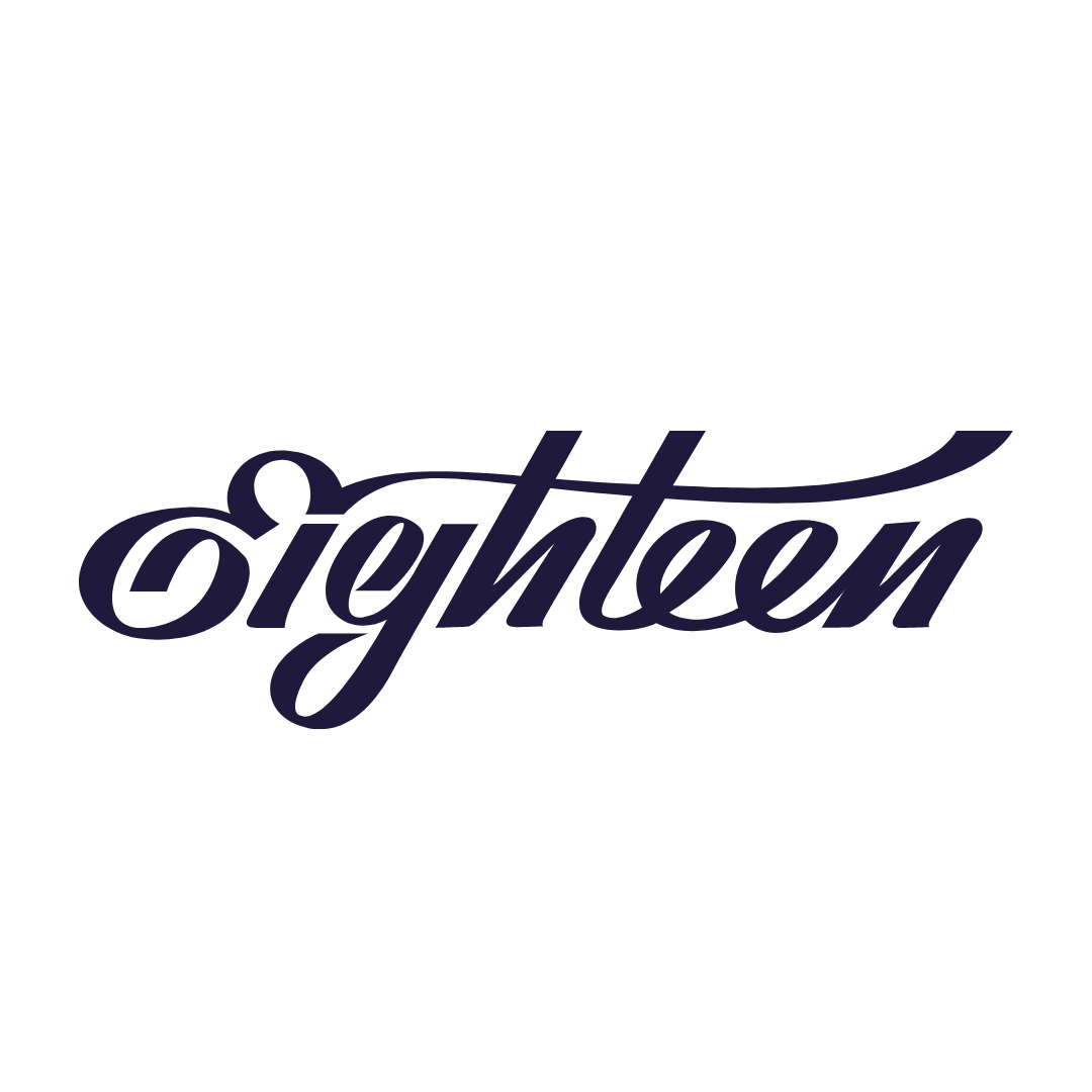 The word 'eighteen' written in cursive, dark purple font on a black background.