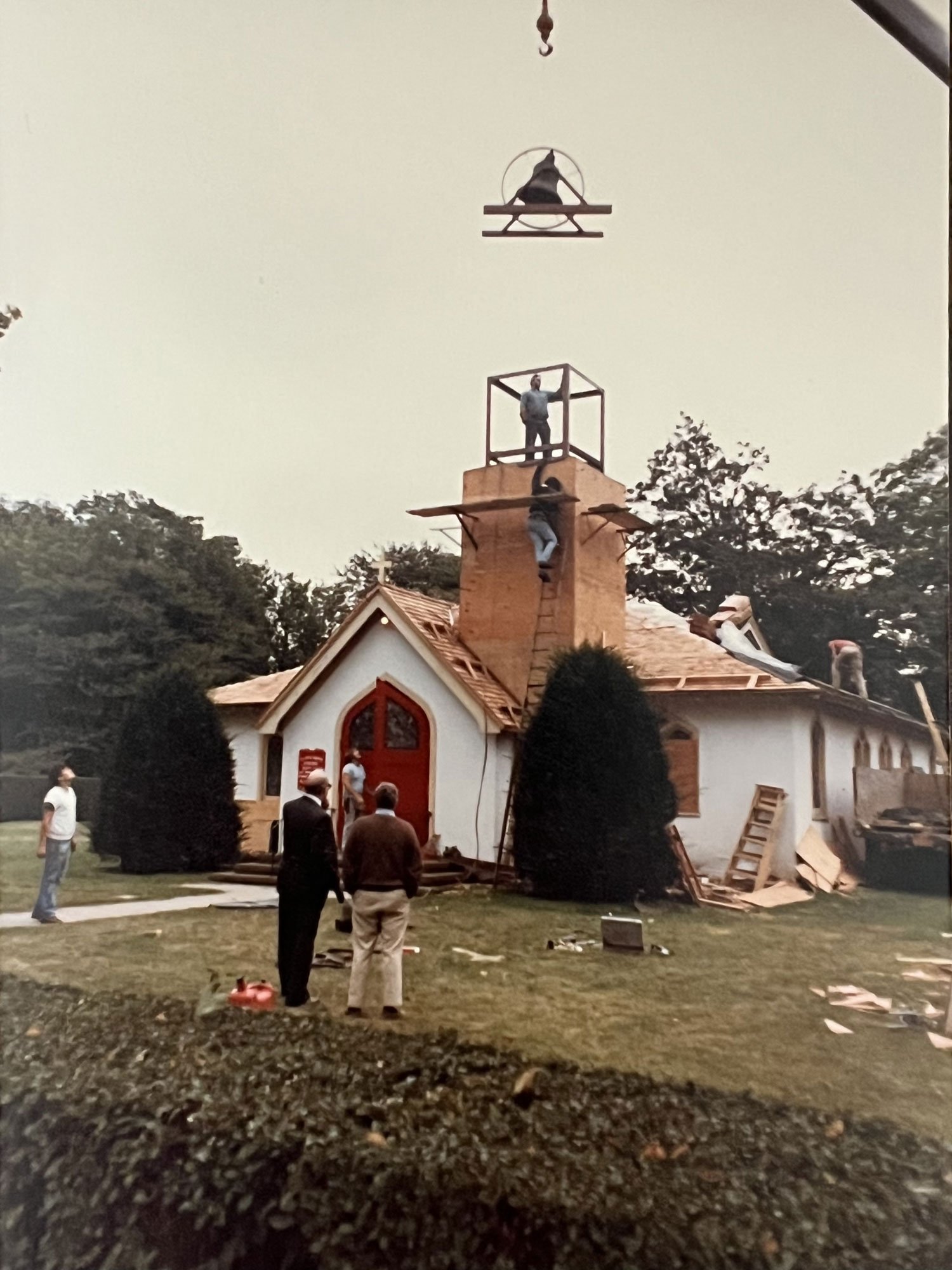 The construction of the bell tower at St. Anns Church, Bridgehampton, NY. The belfry was dedicated on Sunday, October 3, 1982.