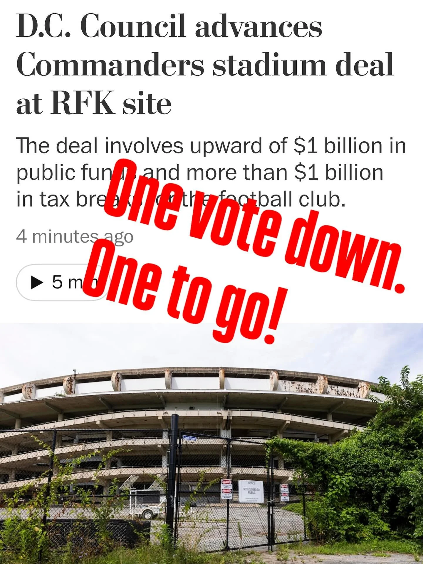 9-3! The final count of the first vote on the RFK deal. Thank you to all the Councilmembers who voted YES. And to all the residents who called, emailed and showed support! One more vote to cross the finish line on Sept. 17.