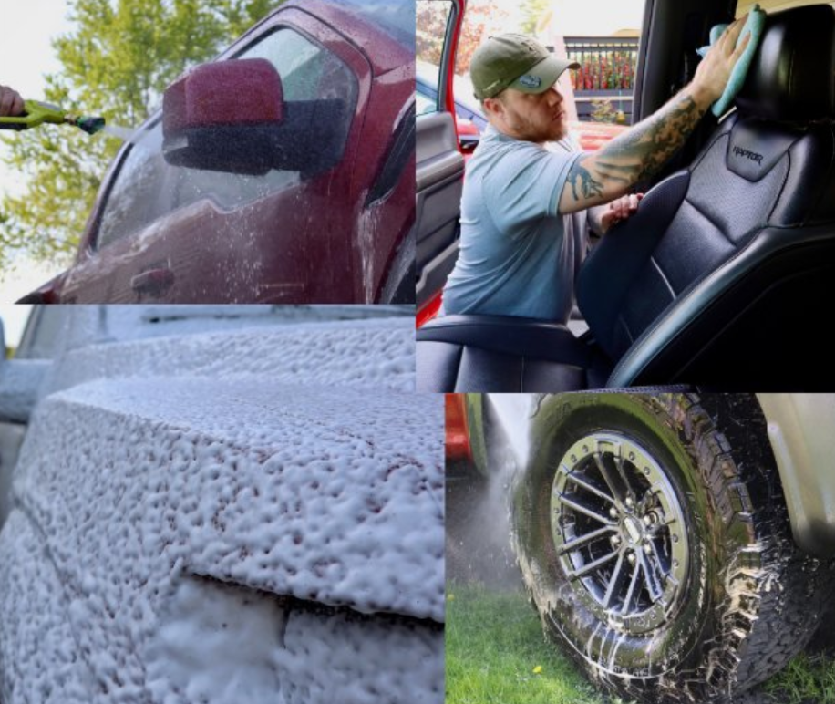 Professional detailer cleaning the exterior paint, wheels and interior leather of a Ford Raptor.  Services provided at professional detail garage or at your home with mobile based service.