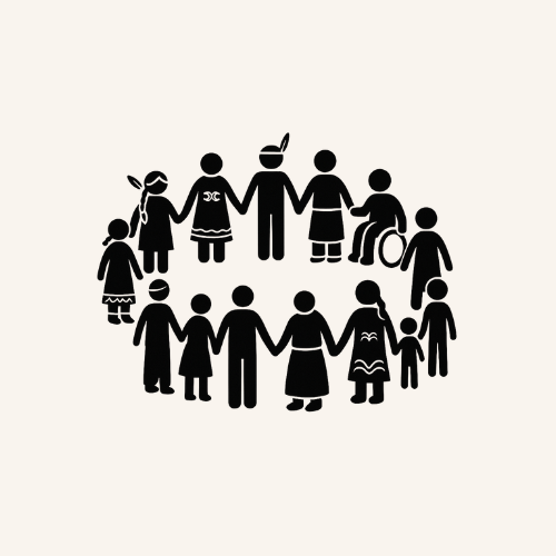 Silhouette of diverse people holding hands in a circle, including individuals with traditional attire and one person in a wheelchair.