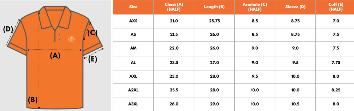 Diagram of a short sleeve polo shirt with labeled measurements: A - Chest, B - Length, C - Armhole, D - Sleeve, E - Cuff. Next to the shirt, a sizing chart displays measurements in inches for different sizes from AXS to A3XL, with columns for chest, length, armhole, sleeve, and cuff.