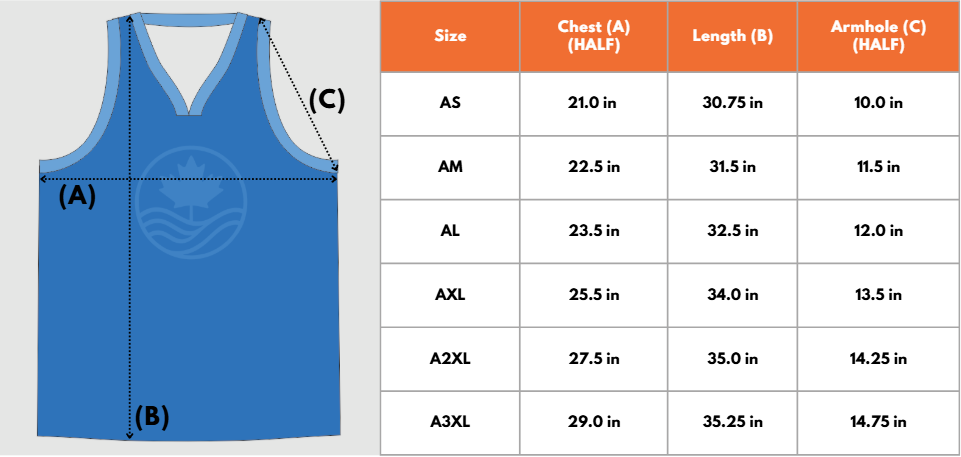 Size chart for a sports jersey with measurements for chest, length, and armhole in inches, including size labels from AS to A3XL.