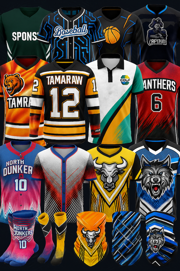 Various colorful sports jerseys and matching accessories including socks and face covers displayed.