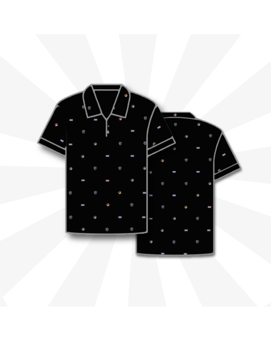 Black short-sleeve button-up shirt with small multi-colored logo pattern, front and back views