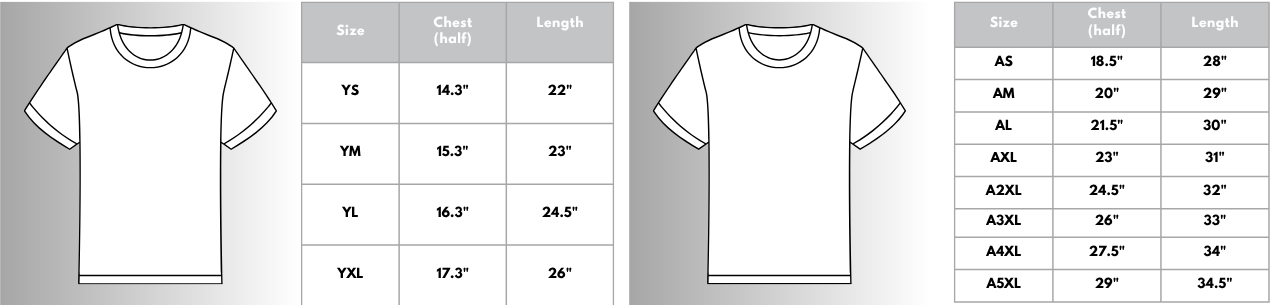 Comparison chart of size measurements for two T-shirts, showing chest and length in inches for various sizes.