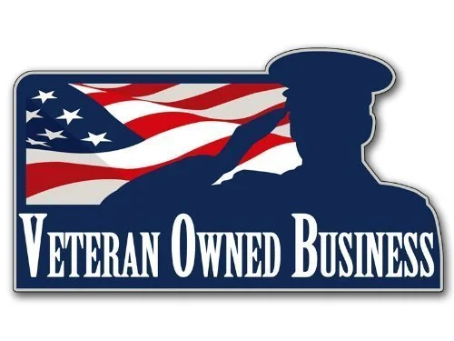 Silhouette of a saluting soldier superimposed over an American flag with the text 'Veteran Owned Business' at the bottom.