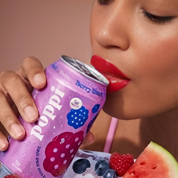 Model sipping Poppi soda with lip gloss on
