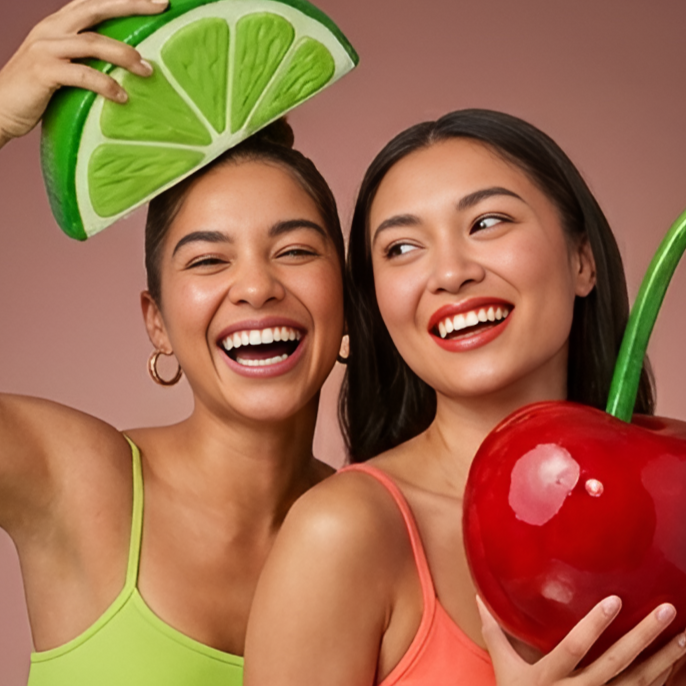Models posing with fruits
