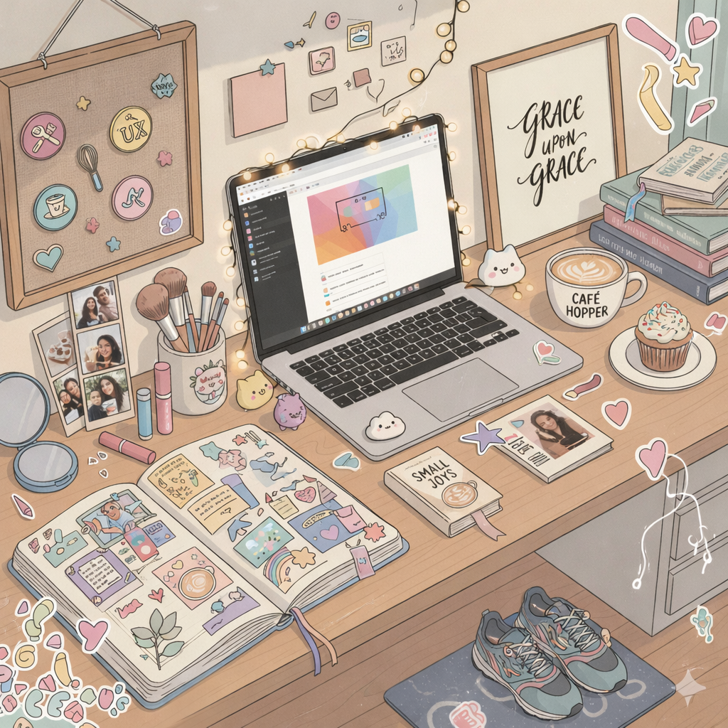 Tina’s digital artifact, a desk space that showcases all of the things that Tina represents