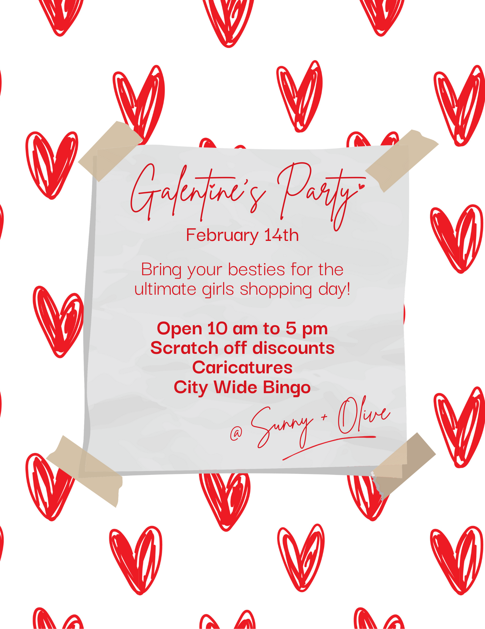 Valentine's Day party invitation with red hearts background, handwritten-style font, taped to a background of red hearts.