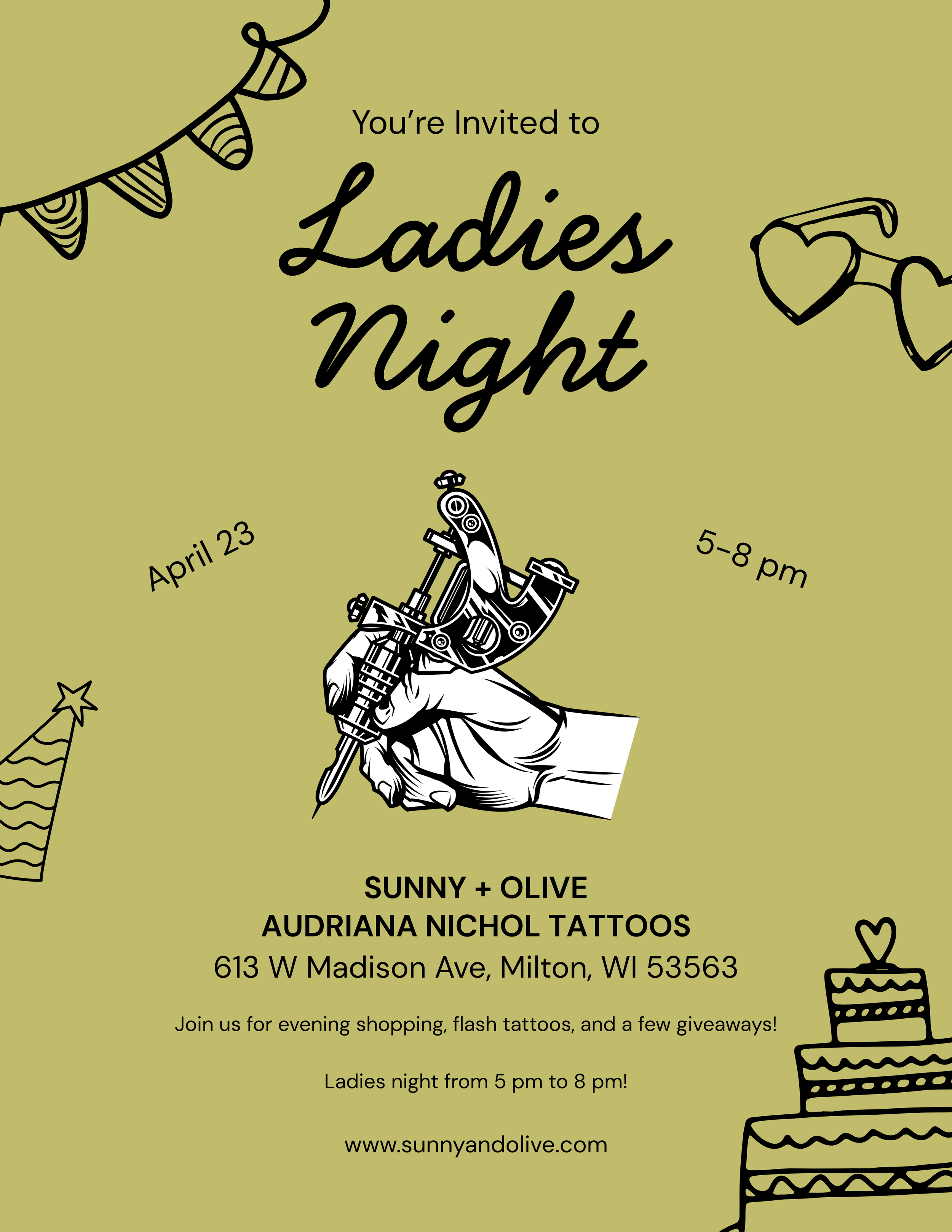 Invitation to Ladies Night event with a light green background, featuring Halloween-themed illustrations such as a witch's hat, sunglasses with hearts, a birthday cake, and a tattoo machine in the center. The event details include date, time, location, and the event's theme of shopping and tattoos.
