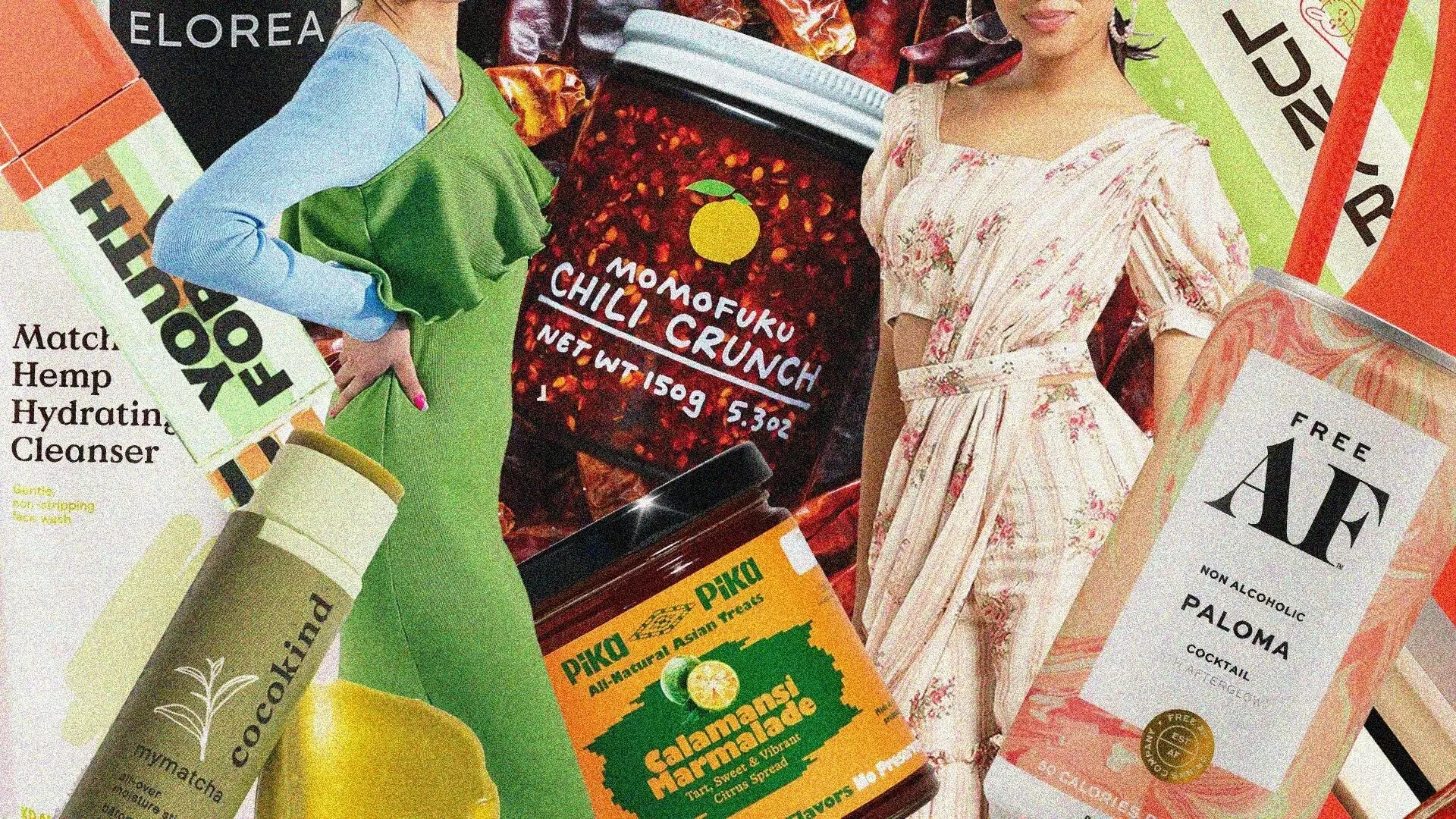 Collage of various food and beverage products, including mason jars, spice jars, snack packages, and a woman in a floral dress.