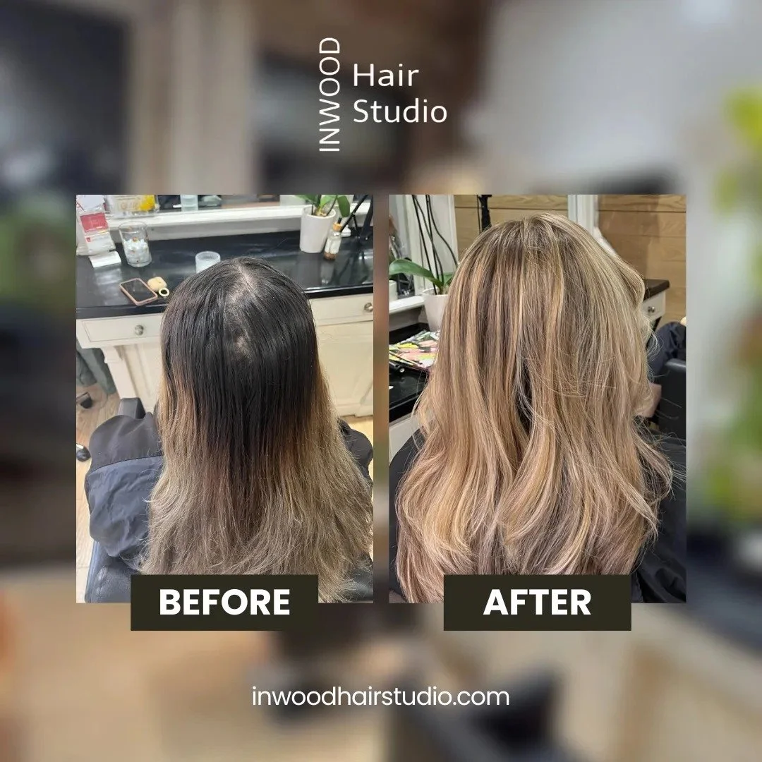 Before and after hair color transformation showing a seamless blonde balayage with dimension, brightness, and healthy finish, created by KAM Hair Ritual in Katy, Texas.