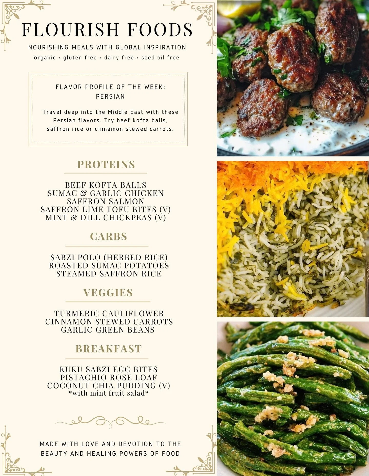 Next week we&rsquo;re traveling to the Middle East with a vibrant Persian inspired menu 💫

Enjoy juicy beef kofta balls, aromatic sabzi polo (herbed rice), cinnamon stewed carrots, and so much more 🌿

Orders due by Friday evening for Monday July 21