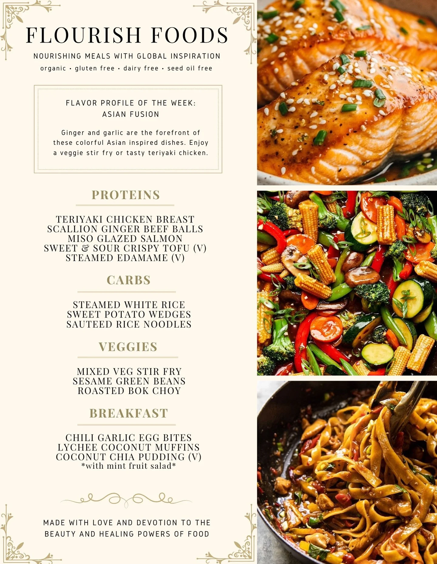 Next week&rsquo;s Flourish Foods menu is bursting with flavor and inspired by Asian Fusion 💛🌿

Think garlic-ginger goodness, vibrant veggie stir fries, and nourishing proteins like Teriyaki Chicken, Miso Glazed Salmon, and Sweet &amp; Sour Tofu.

O