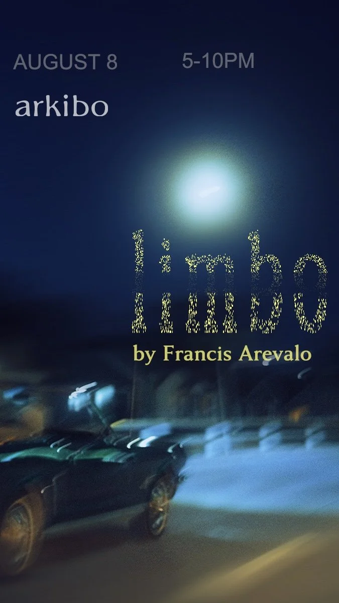Nighttime scene showing a parking lot with blurred cars, text promoting an event at Arkibo on August 8 from 5 to 10 PM, and the title 'Lighthouse' by Francis Arevalo with a glowing moon or light in the background.