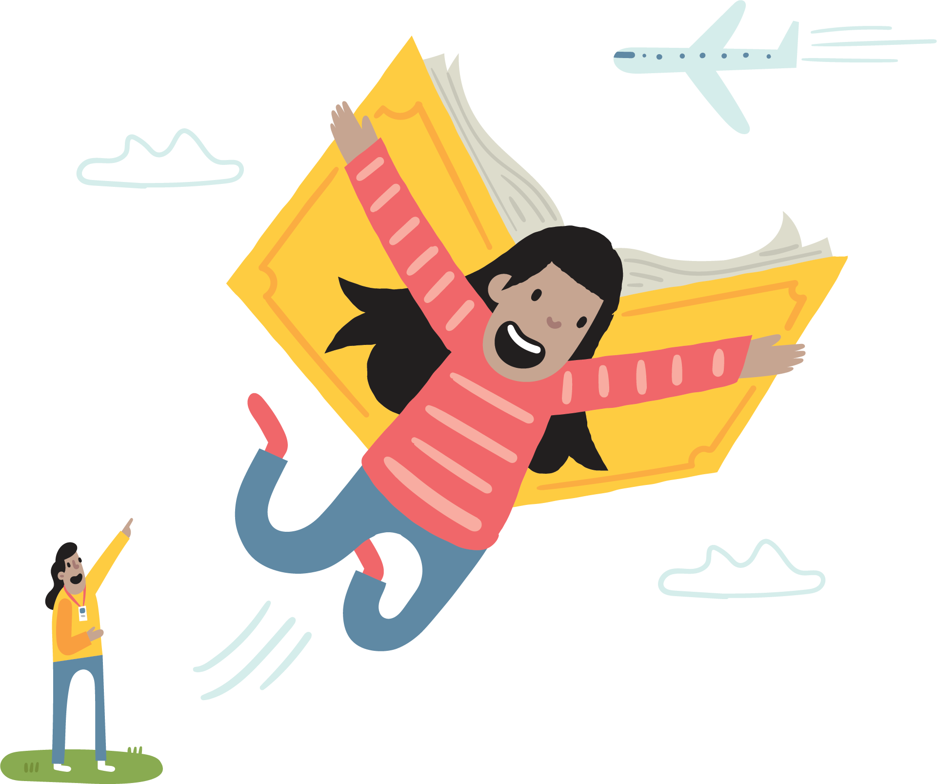 Ilustración de un niño pequeño volando con un libro como alas