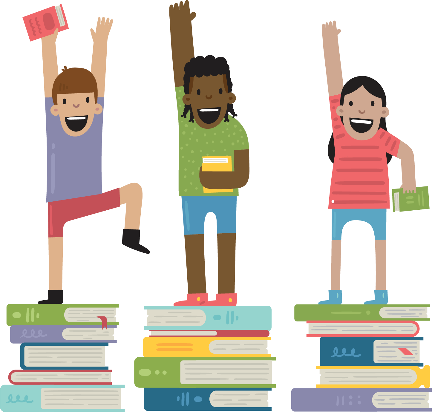 Illustration of children standing on tower of books