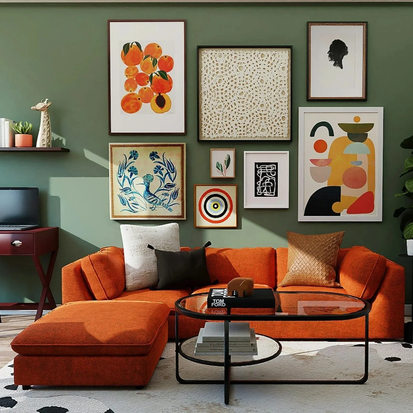 Living room with green wall decorated with multiple framed artworks, a beautifully upholstered orange sectional sofa with cushions, a glass coffee table with books, and a red side table with a small TV and plant.