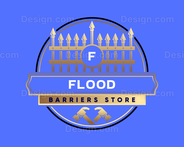 Logo for Flood Barriers Store featuring a circular design with a gold picket fence at the top, a blue background, and text reading "Flood" in bold white letters and "Barriers Store" in smaller black letters beneath.