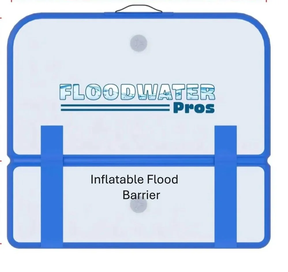 A white and blue inflatable flood barrier with the text 'FLOOD WATER Pros' on the top section and 'Inflatable Flood Barrier' on the bottom section.