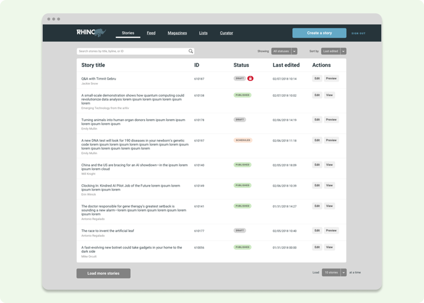 Content management system index screen