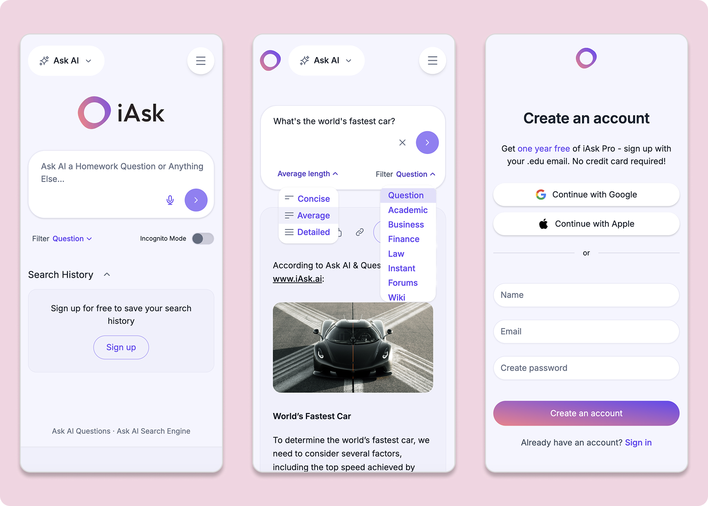 Search engine mobile screens