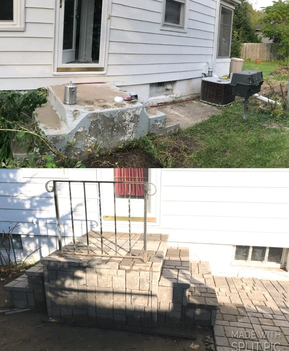Before and after images of a small outdoor staircase conversion. The top photo shows an old, deteriorated concrete staircase with a patchy surface, a metal tin on top, and an air conditioning unit nearby. The bottom photo shows the same staircase reb