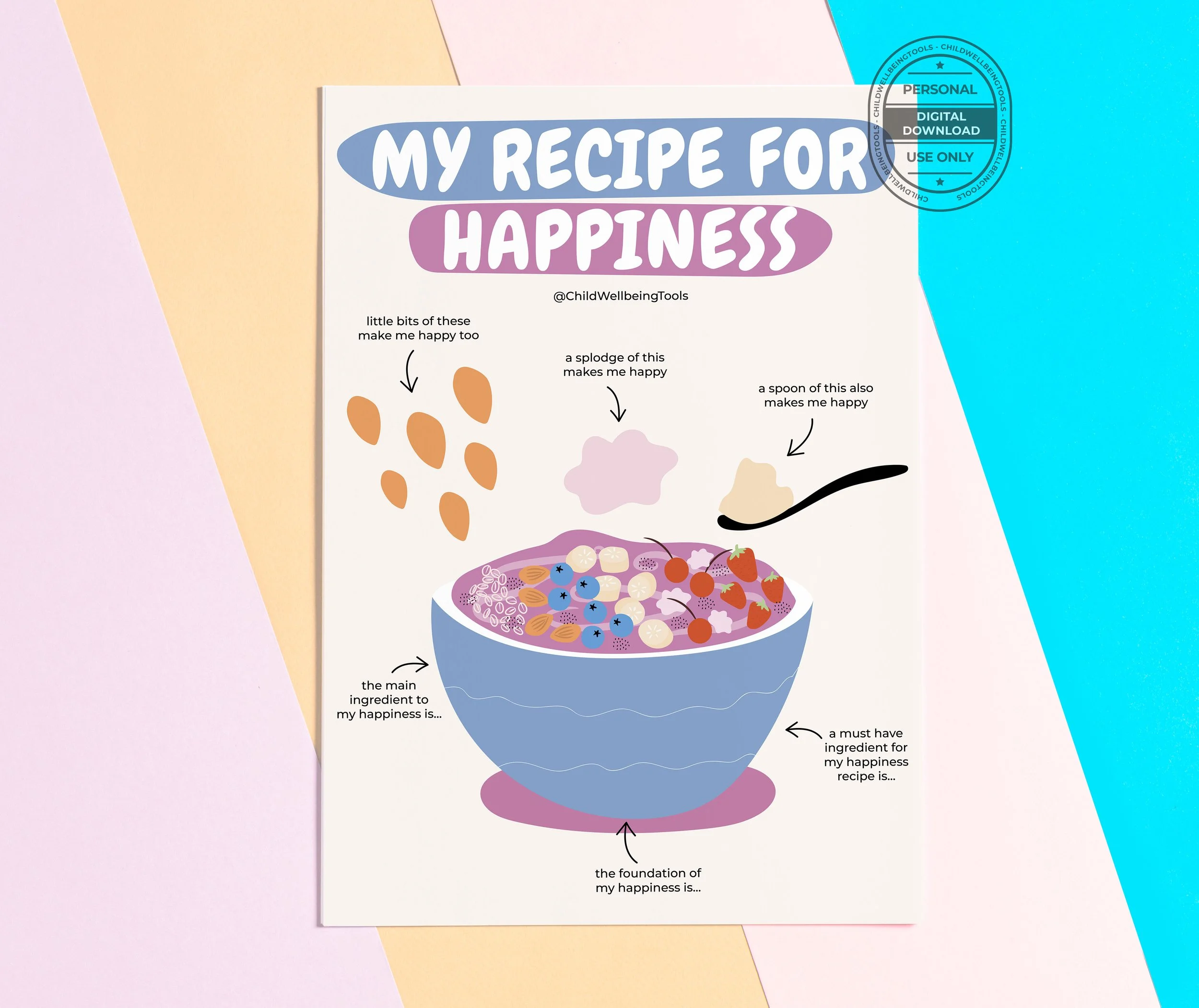 A colorful illustrated recipe for happiness featuring a bowl with ingredients like berries, nuts, and a splash of pink, with labels indicating various components that make the person happy.