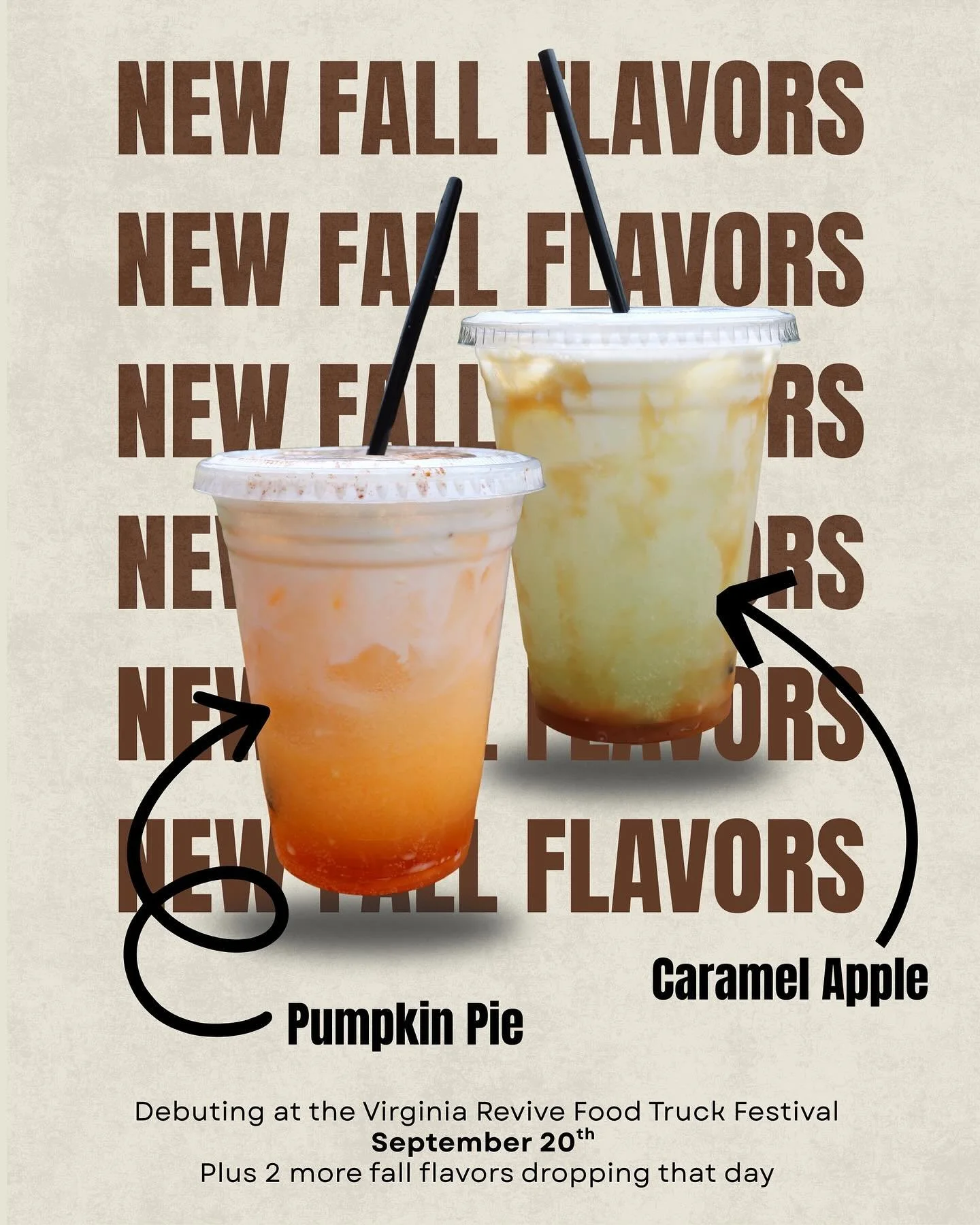 NEW SEASON NEW SIPS!🍂
We’re bringing Caramel Apple + Pumpkin Pie dirty sodas to the Virginia Revive Food Truck Festival this Saturday… and that’s only half the fall lineup 👀
We hope to see you there!