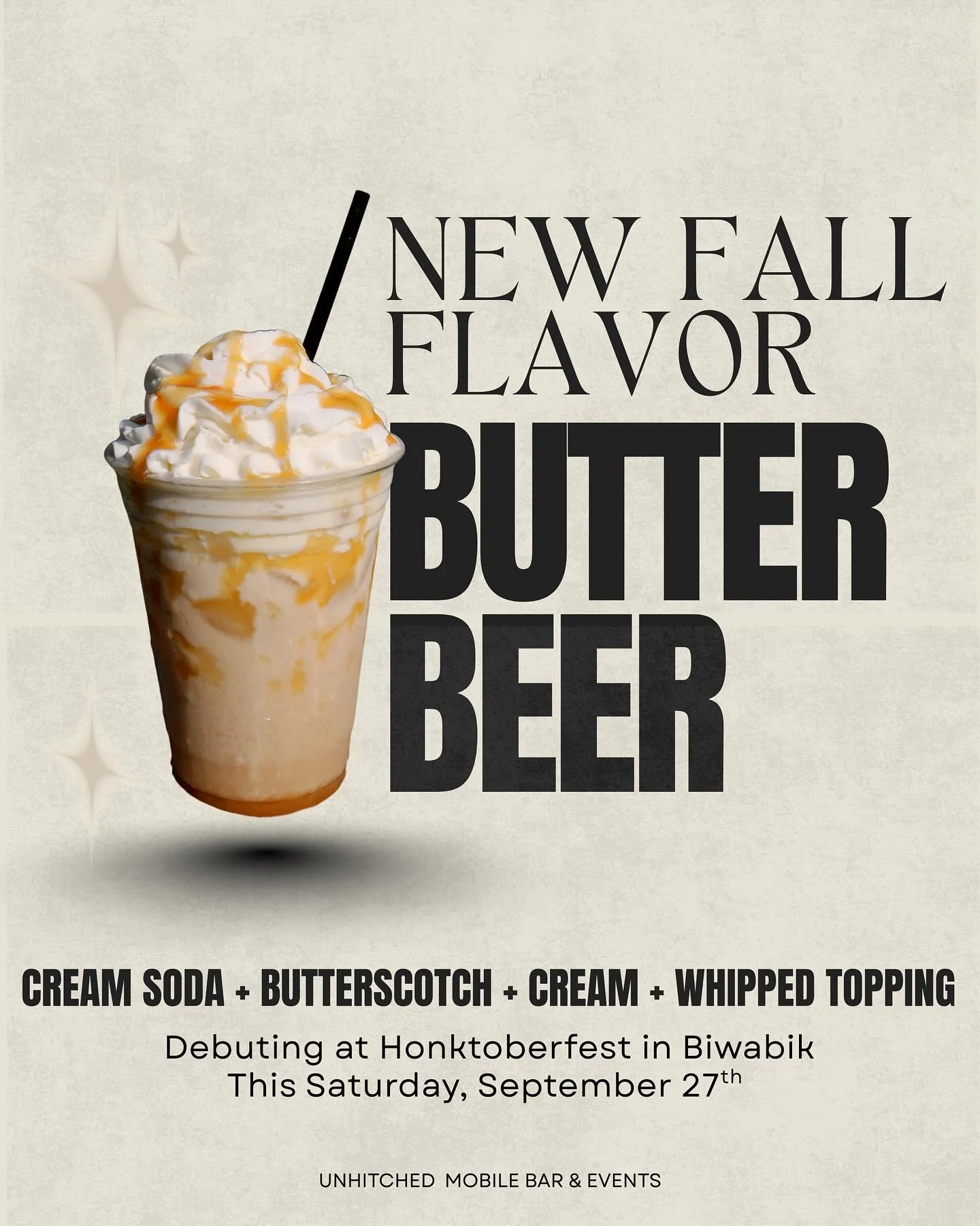 Honktoberfest is THIS Saturday!
Find us near the park in Biwabik serving up your Unhitched favorites +  fall specials—PLUS the debut of our brand-new flavor Butter Beer! 
See you Saturday😘
#honktoberfest #mobilebar #fall #dirtysoda #falleve