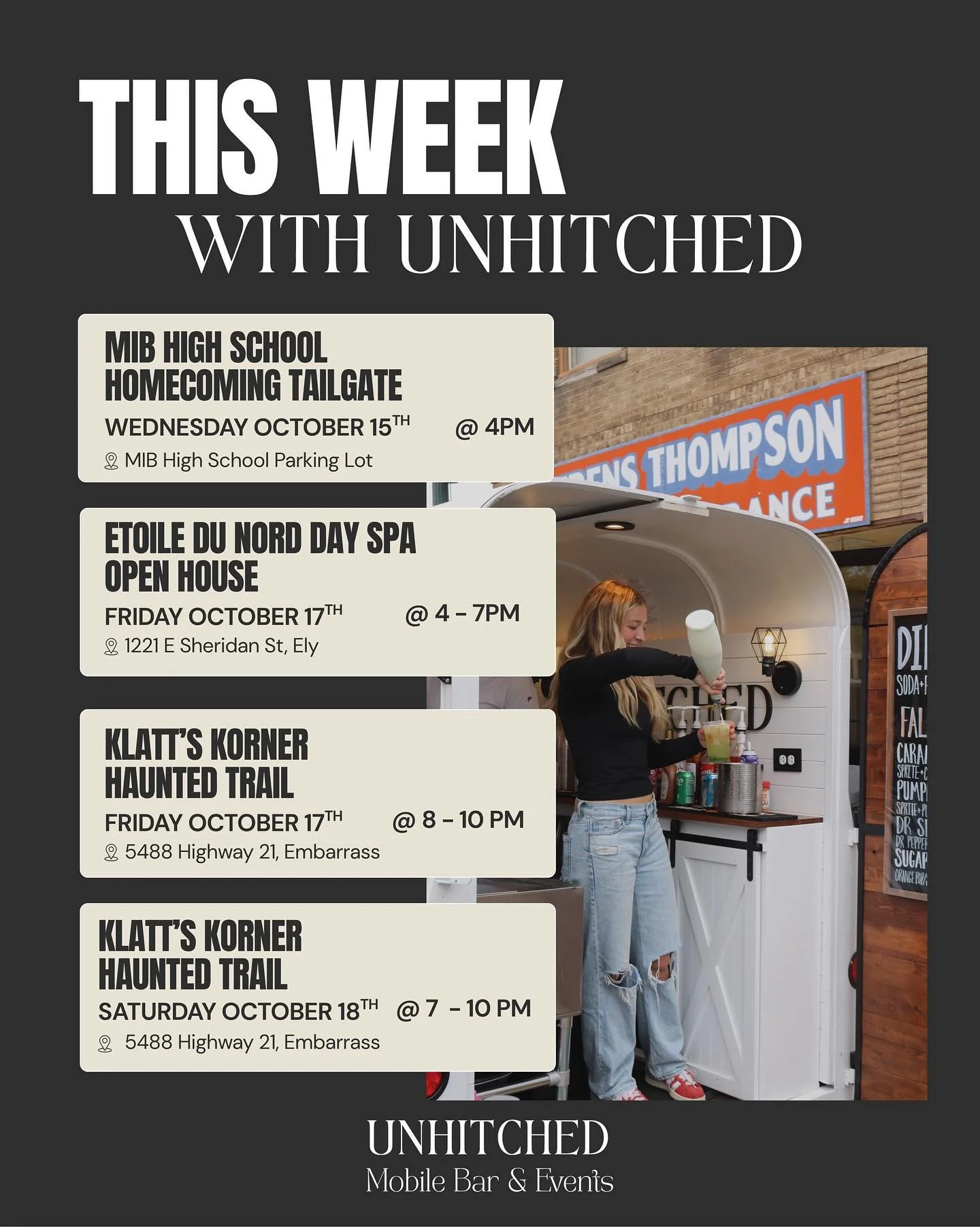 ✨THIS WEEK WITH UNHITCHED 
We will be out and about serving all your favorite dirty sodas this week… Come find us! 
#unhitched #mobilebartender #mobileevents #dirtysoda #homecoming #minnesotamobilebar #minnesotaevents #events #foodtruck